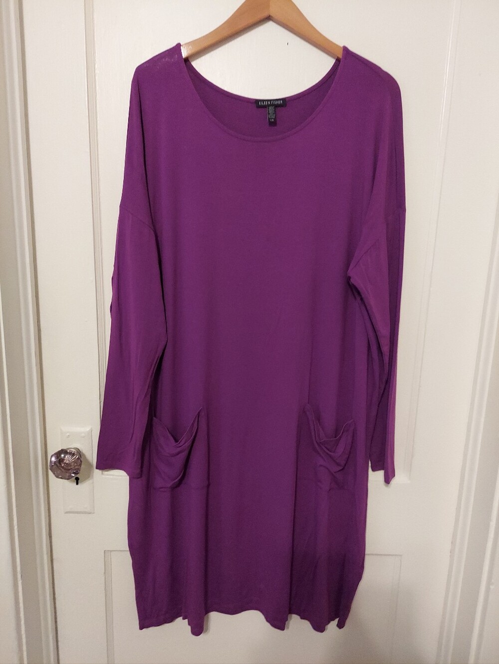 Eileen Fisher Tunic Dress Large Jersey Knit Purple Pockets Viscose Minimalist